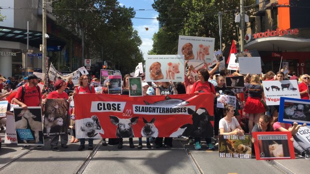About 600 people walked through the city demanding the closure of Australian abattoirs.