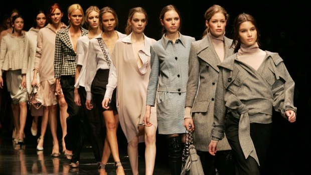 Models fill the catwalk at the at a Stella McCartney show in Paris in 2005.