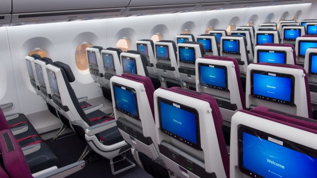 Qatar Airways economy class on the A350-1000. Cabin pressure for both the A350 and the Dreamliner is closer to ground-level pressure, making flights more comfortable.