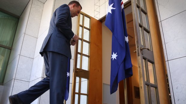 Mr Abbott leave his 46-minute press conference in Parliament House on Monday.