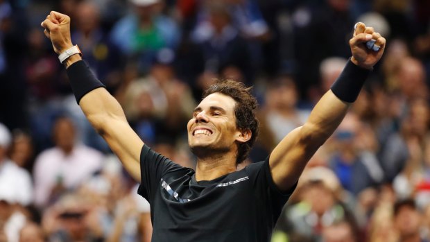 Rafael Nadal reacts after winning the US Open, his 16th grand slam title.