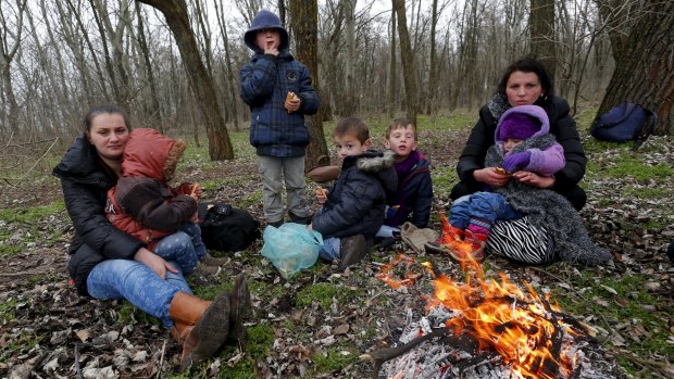A Kosovar family after successfully crossing the Hungarian-Serbian border in February.