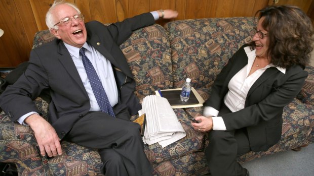 Bernie Sanders with Lorena Lopez, editor of Iowa-based Spanish-language newspaper <i>La Prensa</i>.