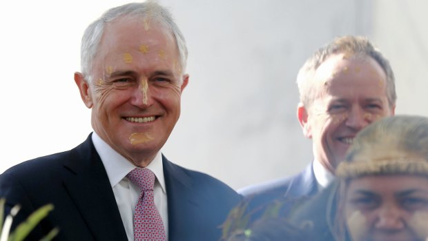 Prime Minister Malcolm Turnbull and Opposition Leader Bill Shorten during the smoking ceremony to mark the opening of the 45th Parliament on Tuesday.