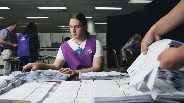 Lindsay Usher counting postal votes at the Australian Electoral Commission counting room in Civic. 