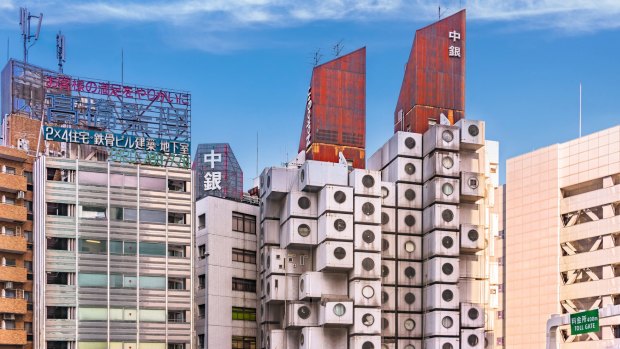 The Nakagin Capsule Tower building created in 1972 by Japanese architect Kisho Kurokawa.