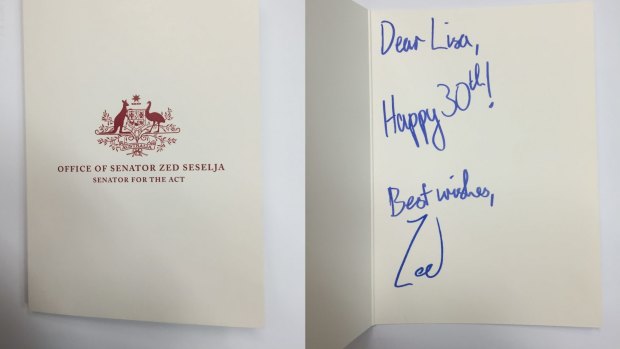 Senator Zed Seselja sends handwritten birthday wishes.