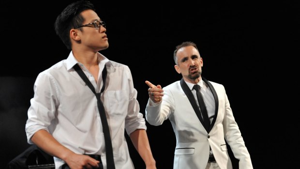 Yannick Lawry as Screwtape (right) and George Zhao as his assistant, Toadpipe in <i>The Screwtape Letters</i>.