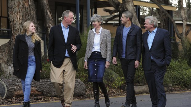 Philanthropists, Graham and Louise Tuckwell with Tuckwell Scholars Sarah Campbell (left) and Nishanth Pathy (second from right) and ANU vice-chancellor Brian Schmidt (far right)