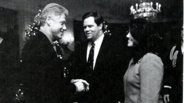 White House photo showing then president Clinton talking with Monica Lewinsky in 1998.