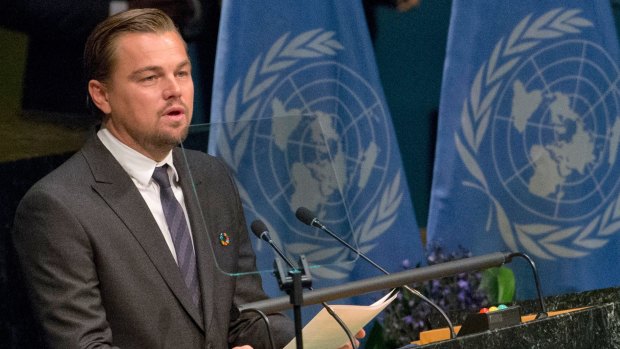 Leonardo DiCaprio speaks during the Paris Agreement on climate change ceremony at UN headquarters.