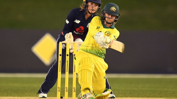 Cracking shot: Rachael Haynes was dominant at the crease in game two against England in Coffs Harbour.