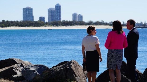 Deputy Premier Jackie Trad, Premier Annastacia Palaszczuk and State Development Minister Anthony Lynham at the Southport Spit on Tuesday.