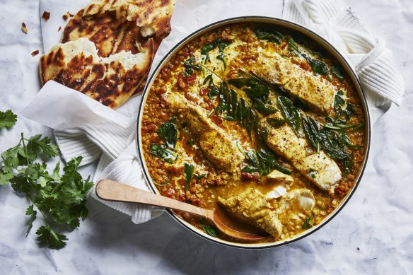 Red lentil and coconut dhal with fish.