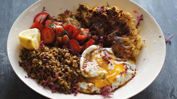 Turkish poached egg, baharat spiced cauliflower, loaded hummus and lentil-quinoa salad recipe. Grain bowl recipes for Good Food online February 2018. Please credit Katrina Meynink.