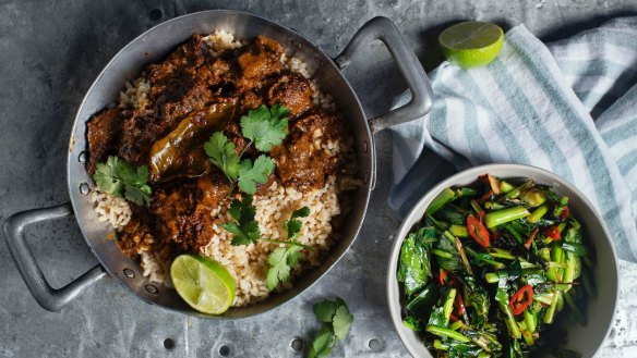 Perfect pairing: Beef rendang curry and turmeric greens.