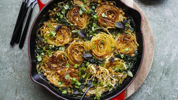 Crispy pasta nests with chickpeas and greens.