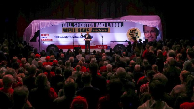 Opposition Leader Bill Shorten unveils his Medicare bus during the campaign.