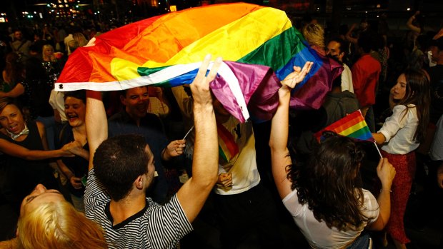 Supporters of same-sex marriage are seen celebrating at a street party and march in Sydney.