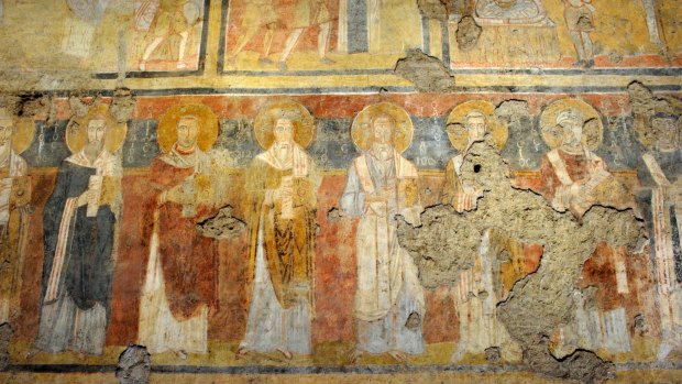 Wall paintings in the early Christian church of Santa Maria Antiqua in Rome.