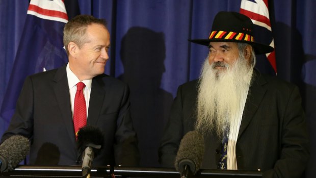 Opposition Leader Bill Shorten and Pat Dodson during a joint press conference at Parliament House in Canberra on Wednesday 2 March 2016. Photo: Alex Ellinghausen