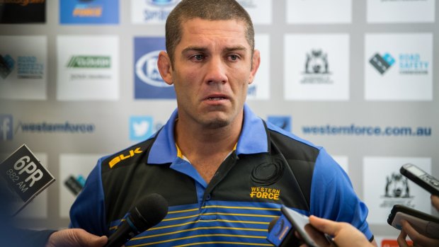 Emotional: Matt Hodgson struggles to hold back his tears after RugbyWA's appeal against the Force's axing was dismissed.