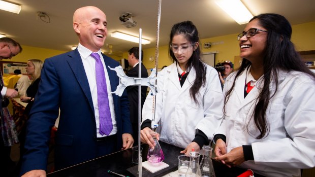 NSW Education Minister Adrian Piccoli with students at Cherrybrook Technology High School.