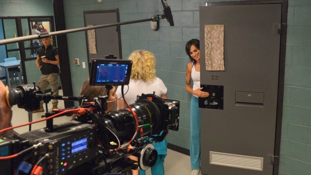 Nicole da Silva (right), who has found fame as Franky Doyle in the prison drama <i>Wentworth</I>, on set with fellow actor Celia Ireland, who plays Liz Birdsworth.