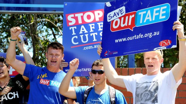 Union members and students protest against TAFE cuts.