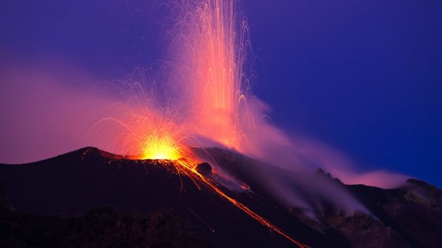 Lava eruption on the volcanic island of Stromboli in Sicily, Italy.