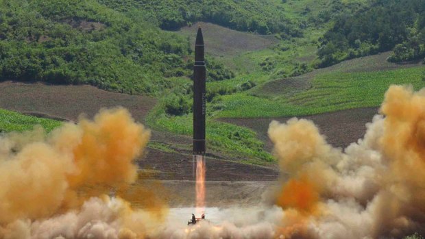 This photo distributed by the North Korean government shows what was said to be the launch of a Hwasong-14 ICBM on Tuesday.