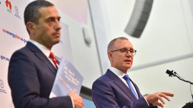 South Australian Premier Jay Weatherill (right) with Treasurer Tom Koutsantonis outlining South Australia's energy supply strategy.