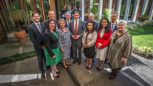 The new Canberra Liberals team (back from left): Andrew Wall, Mark Parton, James Milligan, Alistair Coe, Steve Doszpot. (From front left) Giulia Jones, Nicole Lawder, Elizabeth Lee, Elizabeth Kikkert and Vicki Dunne.