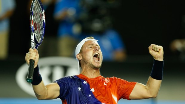 Swan song goes on: Lleyton Hewitt celebrates his win over James Duckworth.