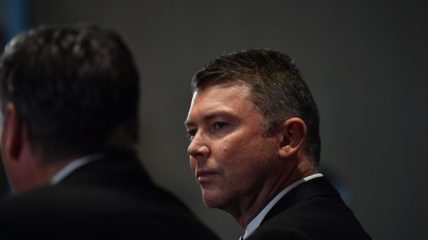 Collingwood President Eddie McGuire and CEO Gary Pert during a media conference where Pert announced his resignation. 