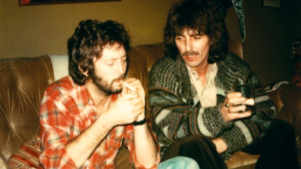 George Harrison and Eric Clapton in England in 1976.
