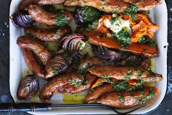 One-tray wonder: Baked sweet potato and sausages.