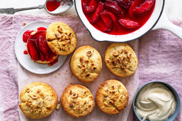 Hazelnut shortcakes sandwiched with brown sugar creme fraiche and plum compote.