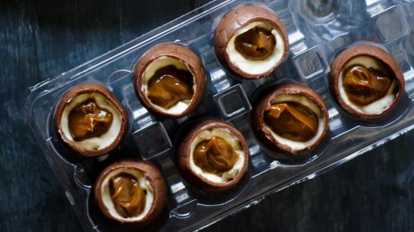 DIY creme eggs with dulce de leche and mascarpone. Easter egg recipes for Good Food April 2019. Please credit Katrina Meynink. Good Food use only.