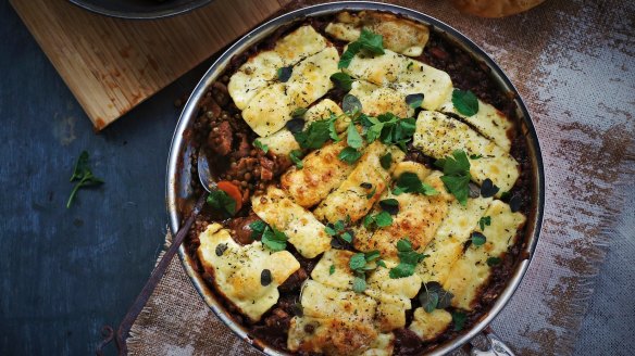 Sausage and lentil and casserole covered with haloumi cheese.