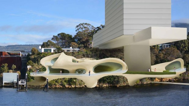 Artist's impression of MONA's proposed $150 million casino, designed by Mexican architect Javier Senosiain, and motel designed by Nonda Katsilidis.