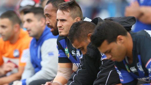 Unhappy on the bench: Bulldogs five-eighth Josh Reynolds last weekend.