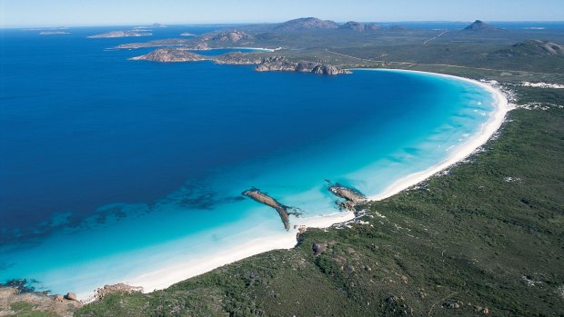 Aerial view of Lucky Bay, Cape Le Grand National Park, Coral Coast, Western Australia.