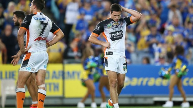 Tough to take: Mitchell Moses couldn't hide his disappointment at full-time after the Tigers went down 26-22.