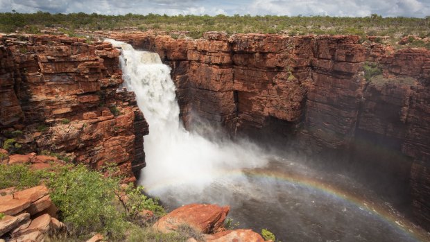 Western falls on the King George River in flood in the remote North Kimberley, Western Australia. 
