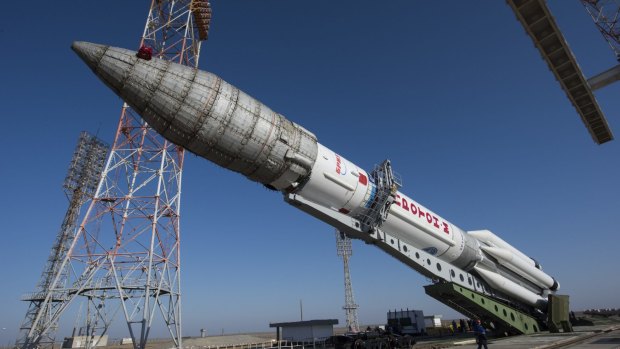 The Proton rocket that will launch the ExoMars spacecraft to Mars from Baikonur Cosmodrome in Kazakhstan.