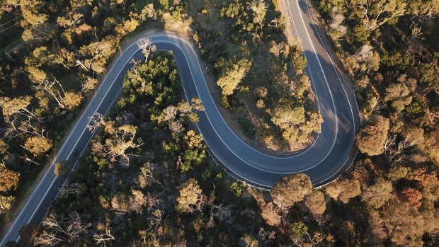 Aerial view of a winding road in the Australian forest.