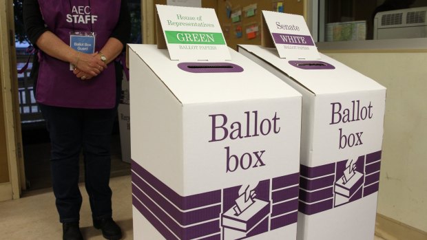 Ballot boxes at the 2016 federal election.