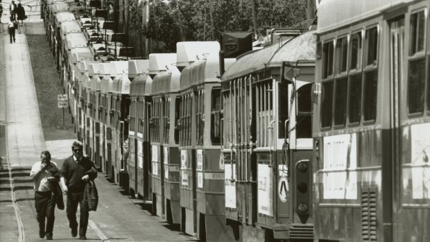 Trams lined at the Preston tram depot during stikes in 1989. 