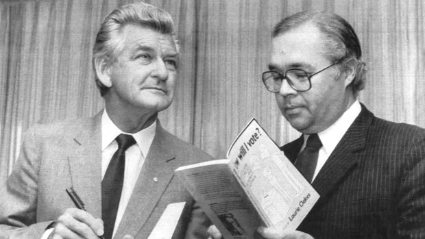 Former prime minister Bob Hawke and journalist Laurie Oakes at the launch of Laurie's book at the National Press Club in Canberra in 1984.